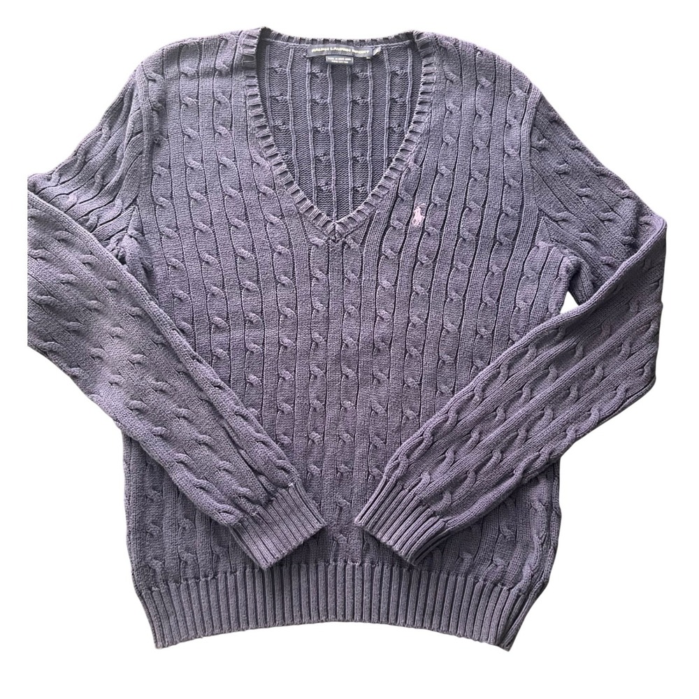 Ralph Lauren Sport Navy Blue Cable Knit V-Neck Cotton Sweater Pink Pony XL